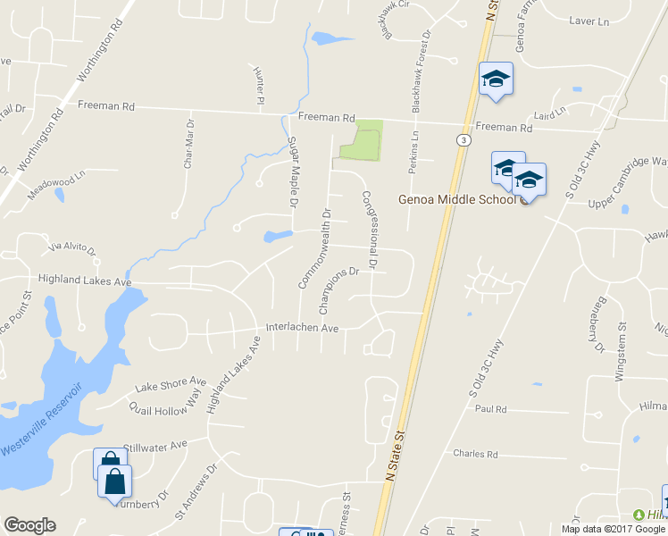 map of restaurants, bars, coffee shops, grocery stores, and more near 6250 Champions Drive in Westerville