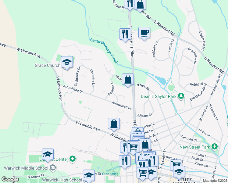 map of restaurants, bars, coffee shops, grocery stores, and more near 465 Sturbridge Drive in Lititz