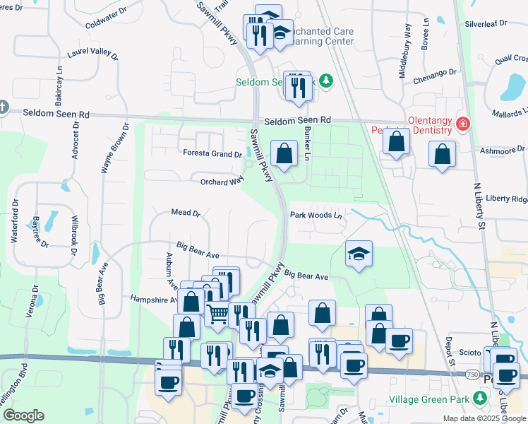 map of restaurants, bars, coffee shops, grocery stores, and more near 9194 Marlebury End in Powell