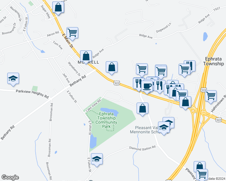 map of restaurants, bars, coffee shops, grocery stores, and more near 63 Lake View Road in Ephrata