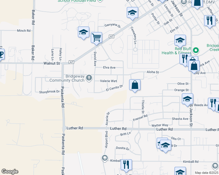 map of restaurants, bars, coffee shops, grocery stores, and more near 310 Frankie Street in Red Bluff
