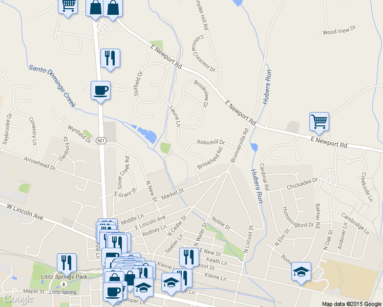 map of restaurants, bars, coffee shops, grocery stores, and more near 42 Laurie Lane in Lititz