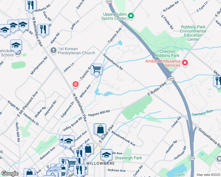 map of restaurants, bars, coffee shops, grocery stores, and more near 1700 Clair Martin Place in Ambler