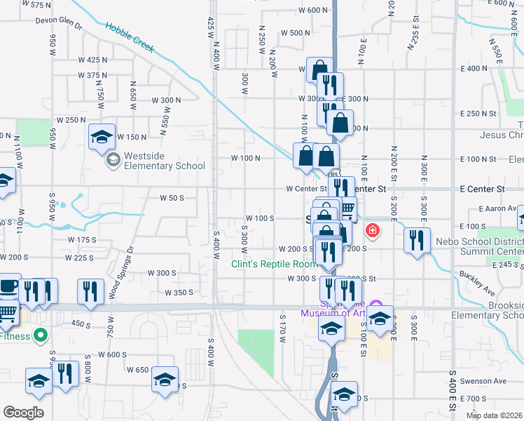 map of restaurants, bars, coffee shops, grocery stores, and more near 234 West 100 South in Springville
