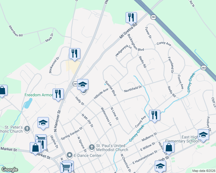 map of restaurants, bars, coffee shops, grocery stores, and more near 402 Sunrise Boulevard in Elizabethtown