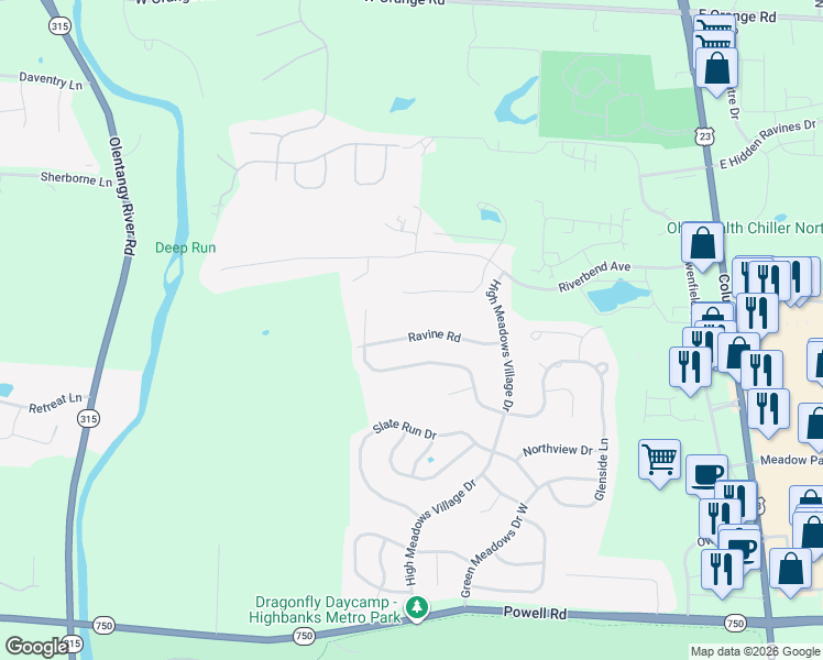 map of restaurants, bars, coffee shops, grocery stores, and more near 102 Ravine Road in Powell