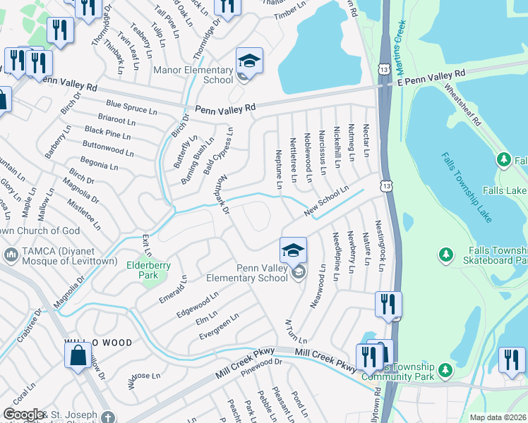 map of restaurants, bars, coffee shops, grocery stores, and more near 36 Northcourt Lane in Levittown