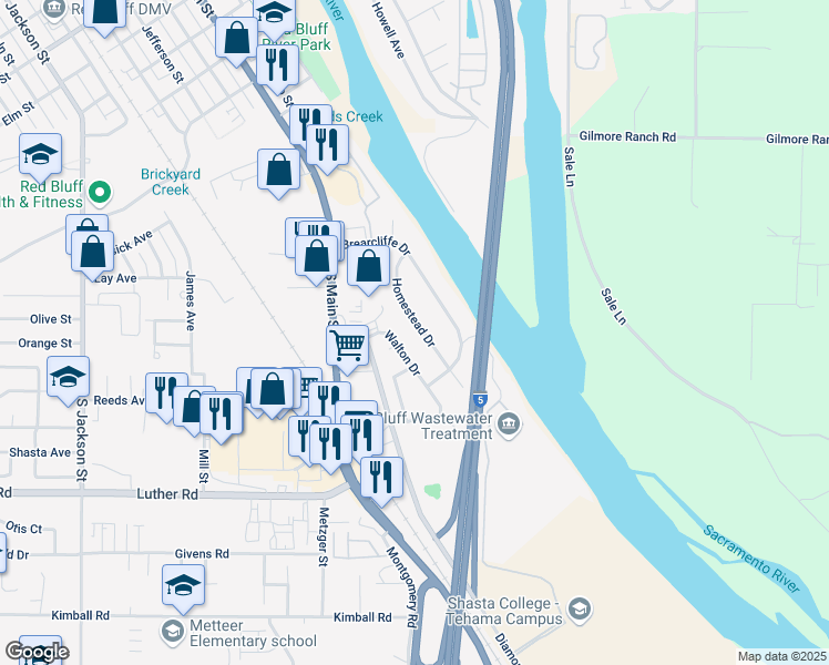 map of restaurants, bars, coffee shops, grocery stores, and more near 515 Homestead Drive in Red Bluff