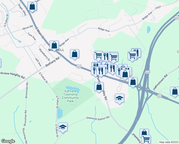 map of restaurants, bars, coffee shops, grocery stores, and more near 795 East Main Street in Ephrata