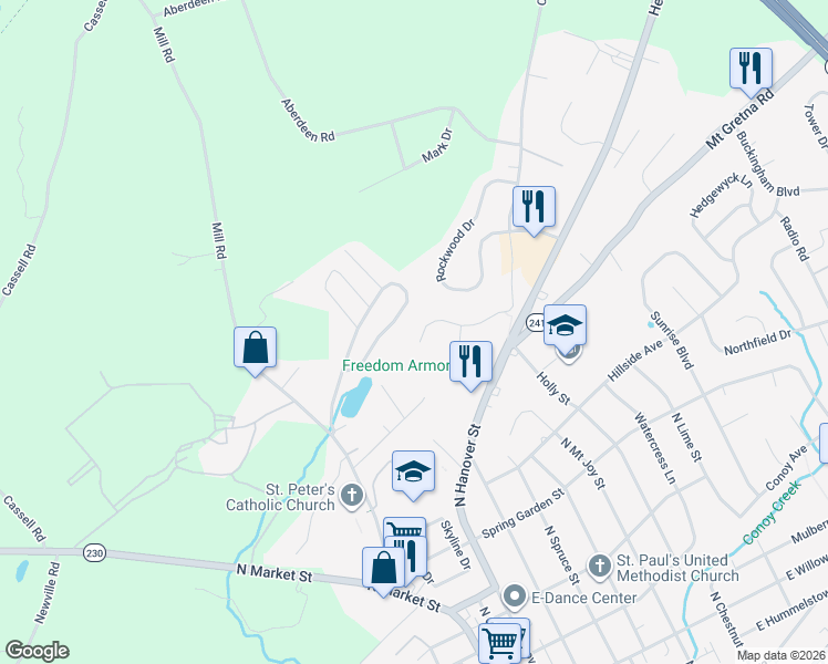 map of restaurants, bars, coffee shops, grocery stores, and more near 518 Indian Rock Circle in Elizabethtown