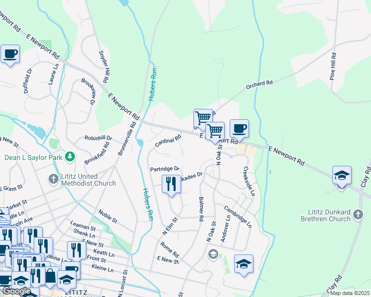 map of restaurants, bars, coffee shops, grocery stores, and more near 25 Pheasant Lane in Lititz