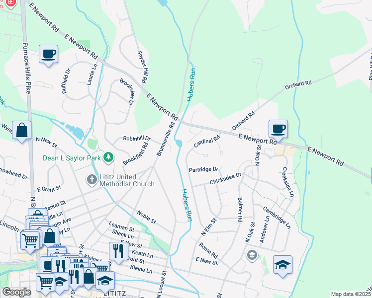 map of restaurants, bars, coffee shops, grocery stores, and more near 354 Cardinal Road in Lititz