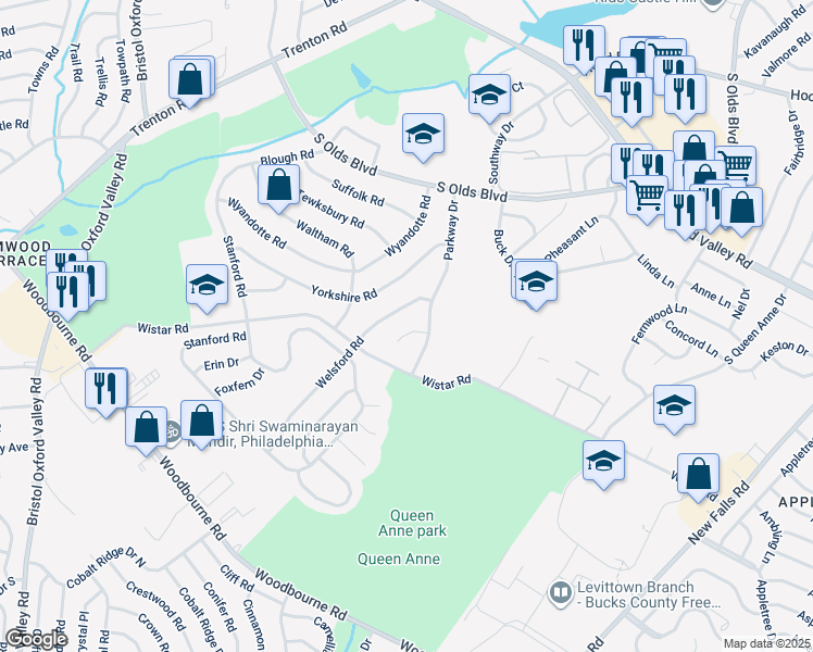 map of restaurants, bars, coffee shops, grocery stores, and more near 207 Parkway Circle in Fairless Hills