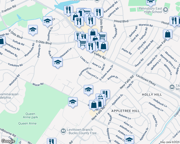 map of restaurants, bars, coffee shops, grocery stores, and more near 505 Concord Lane in Fairless Hills