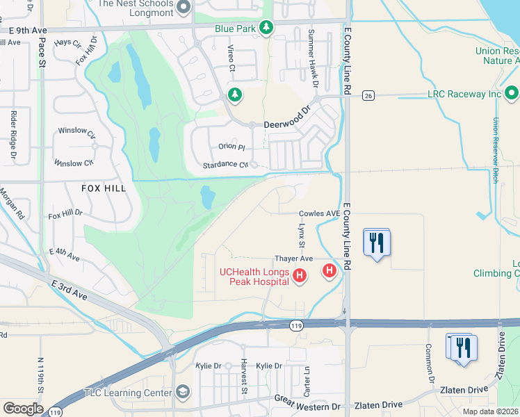 map of restaurants, bars, coffee shops, grocery stores, and more near 405 Overbrook Lane in Longmont