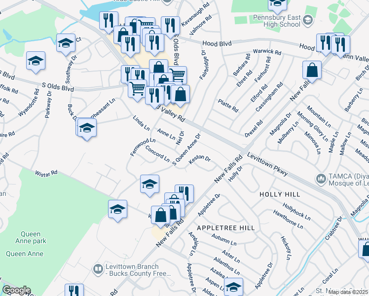 map of restaurants, bars, coffee shops, grocery stores, and more near 615 South Queen Anne Drive in Fairless Hills