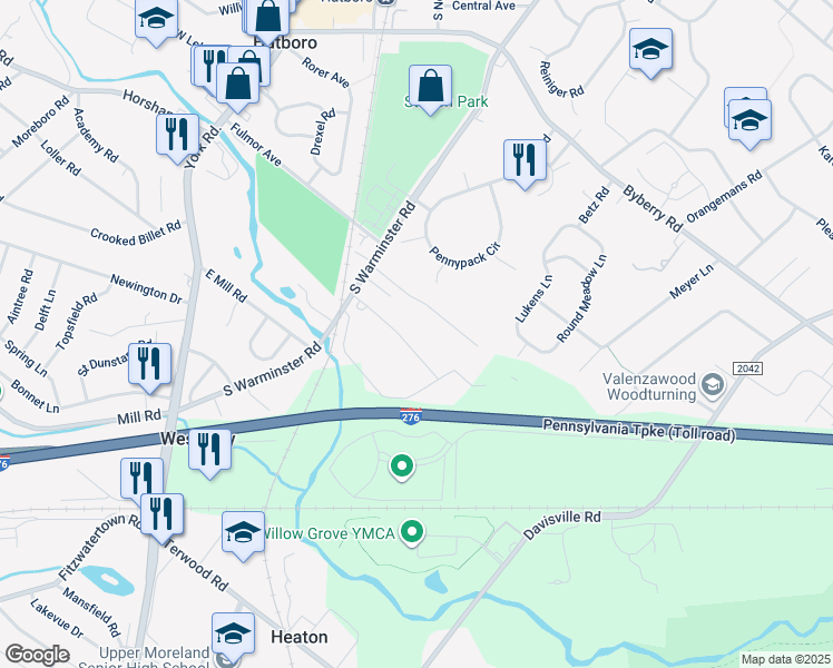 map of restaurants, bars, coffee shops, grocery stores, and more near 321 Surrey Lane in Hatboro