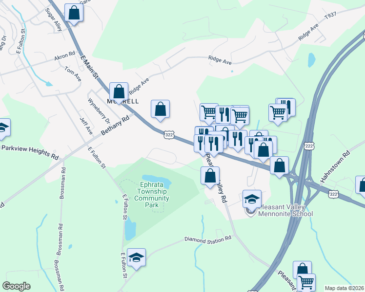 map of restaurants, bars, coffee shops, grocery stores, and more near 767 East Main Street in Ephrata