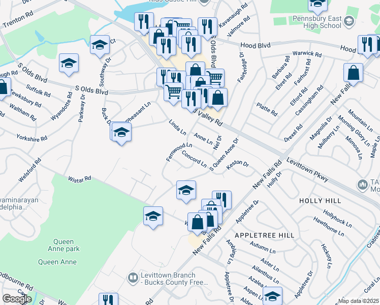 map of restaurants, bars, coffee shops, grocery stores, and more near 505 Concord Lane in Fairless Hills
