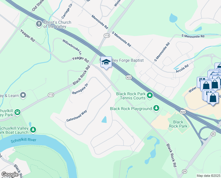 map of restaurants, bars, coffee shops, grocery stores, and more near 106 Gateshead Way in Phoenixville