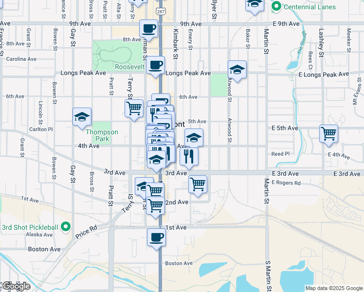map of restaurants, bars, coffee shops, grocery stores, and more near 457 4th Avenue in Longmont