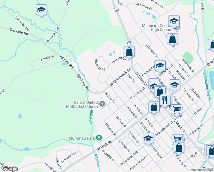 map of restaurants, bars, coffee shops, grocery stores, and more near 176 North Grant Street in Manheim