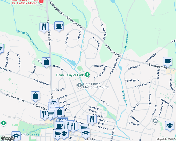 map of restaurants, bars, coffee shops, grocery stores, and more near 57 Laurie Lane in Lititz