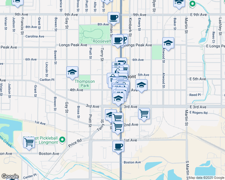 map of restaurants, bars, coffee shops, grocery stores, and more near 667 4th Avenue in Longmont
