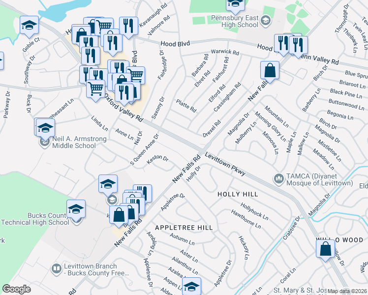 map of restaurants, bars, coffee shops, grocery stores, and more near 617 Iva Lane in Fairless Hills