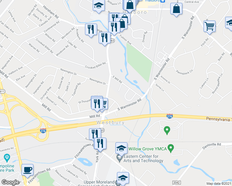 map of restaurants, bars, coffee shops, grocery stores, and more near 18 Lantern Lane in Hatboro