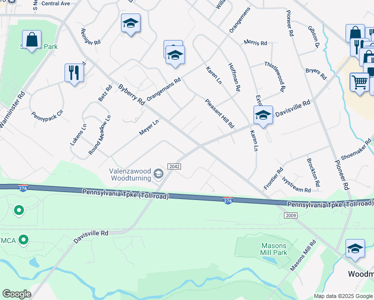 map of restaurants, bars, coffee shops, grocery stores, and more near 3860 Davisville Road in Hatboro