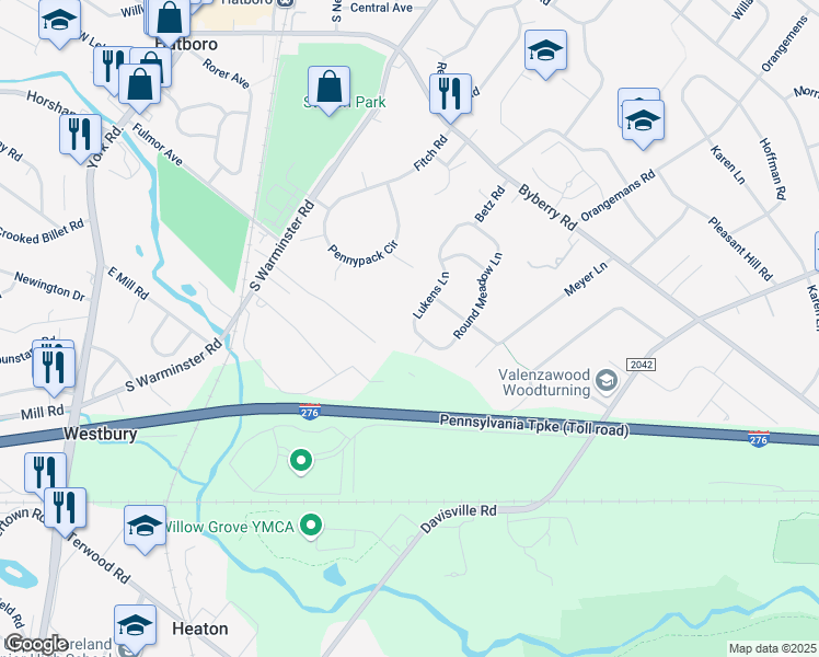 map of restaurants, bars, coffee shops, grocery stores, and more near 3605 Lukens Lane in Hatboro