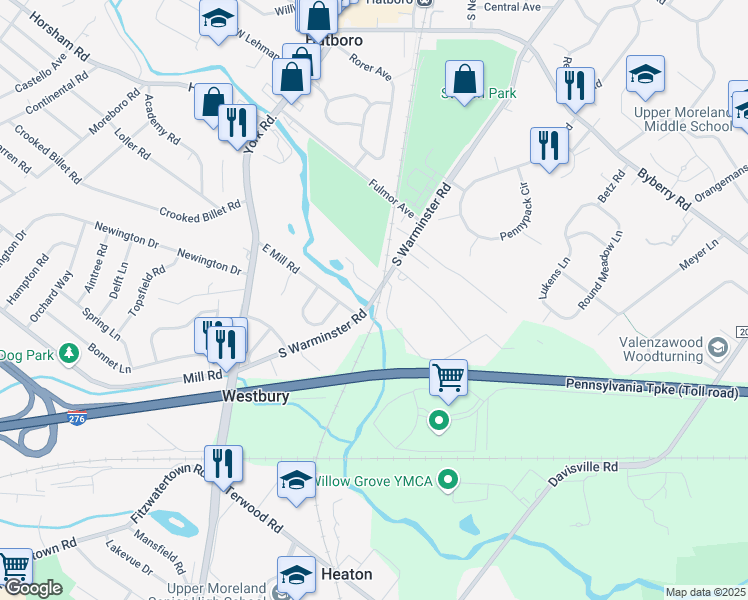 map of restaurants, bars, coffee shops, grocery stores, and more near 476 South Warminster Road in Hatboro