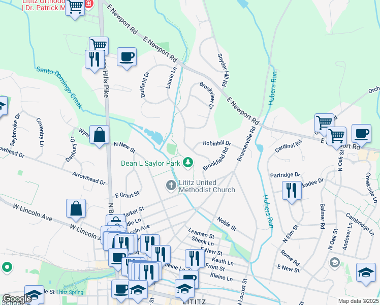map of restaurants, bars, coffee shops, grocery stores, and more near 57 Laurie Lane in Lititz