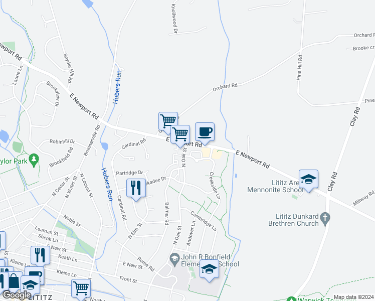 map of restaurants, bars, coffee shops, grocery stores, and more near 605 North Oak Street in Lititz