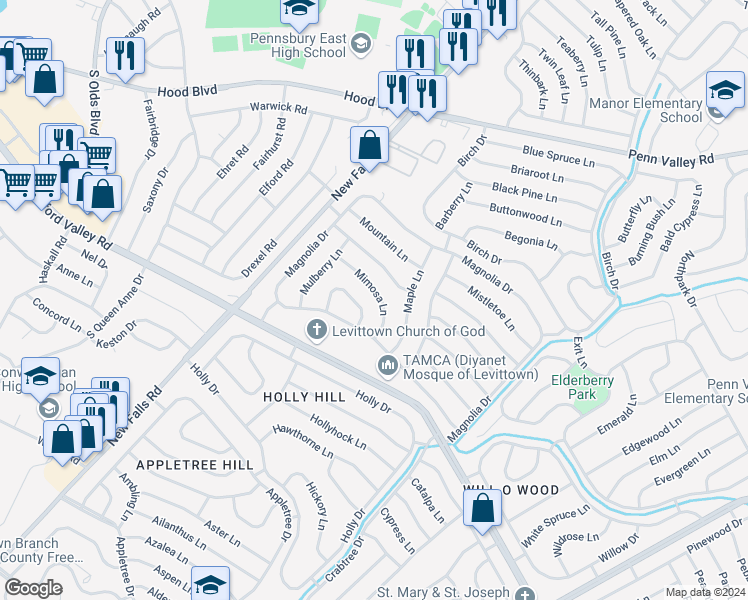 map of restaurants, bars, coffee shops, grocery stores, and more near 9 Marigold Circle in Levittown