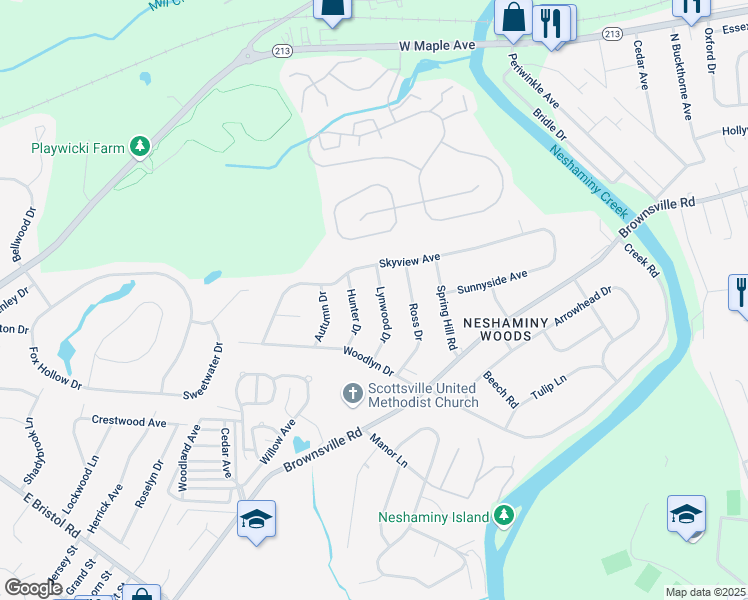 map of restaurants, bars, coffee shops, grocery stores, and more near 717 Lynwood Drive in Langhorne