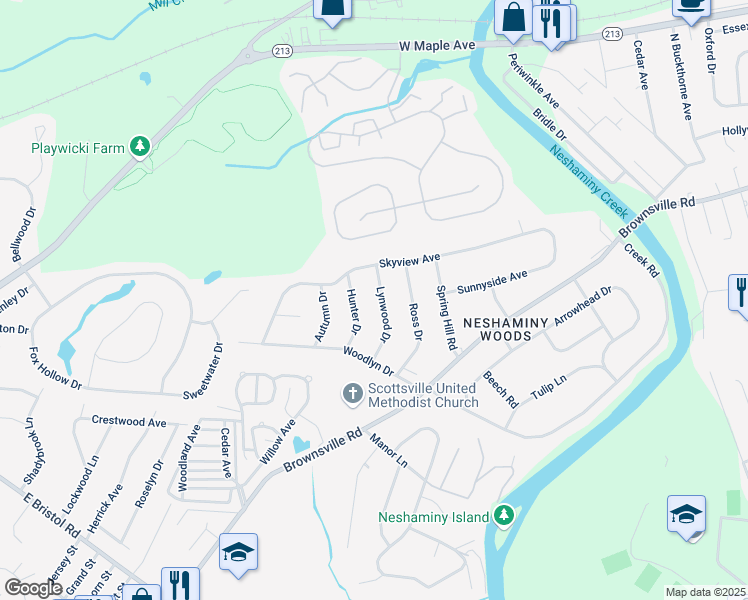 map of restaurants, bars, coffee shops, grocery stores, and more near 717 Lynwood Drive in Langhorne