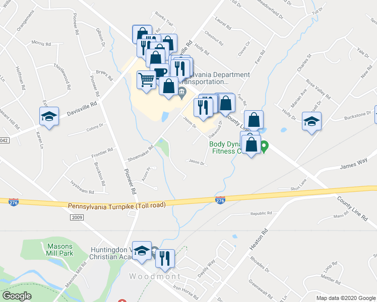 map of restaurants, bars, coffee shops, grocery stores, and more near 2043 Elder Drive in Montgomery County