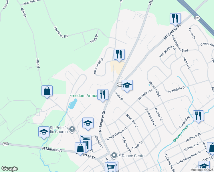 map of restaurants, bars, coffee shops, grocery stores, and more near 452 Indian Rock Circle in Elizabethtown
