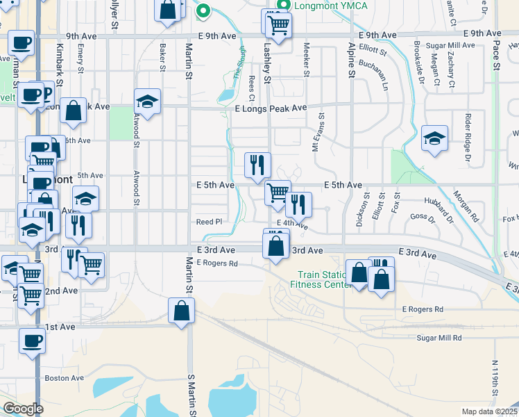map of restaurants, bars, coffee shops, grocery stores, and more near 403 Lashley Street in Longmont
