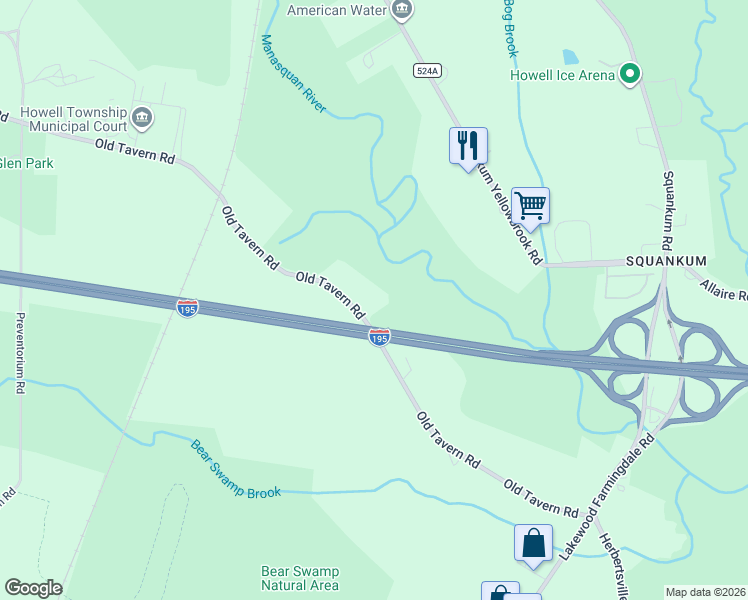 map of restaurants, bars, coffee shops, grocery stores, and more near 148 Old Tavern Road in Howell Township