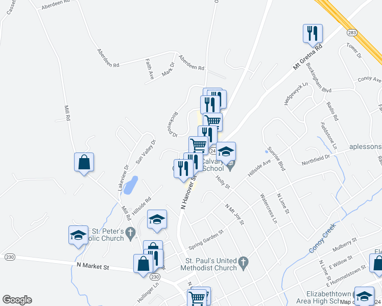 map of restaurants, bars, coffee shops, grocery stores, and more near 428 Indian Rock Circle in Elizabethtown