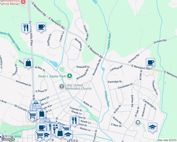 map of restaurants, bars, coffee shops, grocery stores, and more near 80 Brookfield Road in Lititz