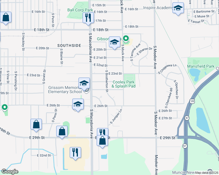 map of restaurants, bars, coffee shops, grocery stores, and more near 3205 S Brotherton St in Muncie