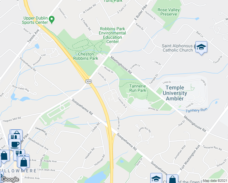 map of restaurants, bars, coffee shops, grocery stores, and more near 1105 Lincoln Drive West in Ambler