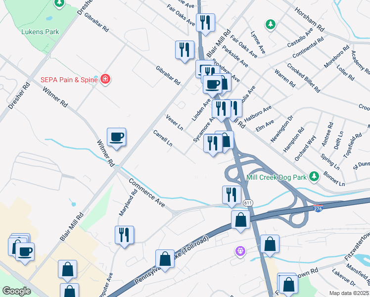 map of restaurants, bars, coffee shops, grocery stores, and more near 1492 Sycamore Avenue in Willow Grove