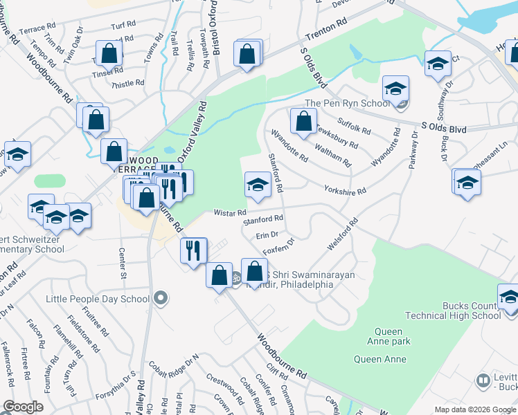 map of restaurants, bars, coffee shops, grocery stores, and more near 1515 Wistar Rd in Fairless Hills