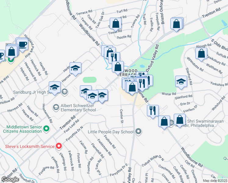 map of restaurants, bars, coffee shops, grocery stores, and more near 2619 Trenton Road in Levittown