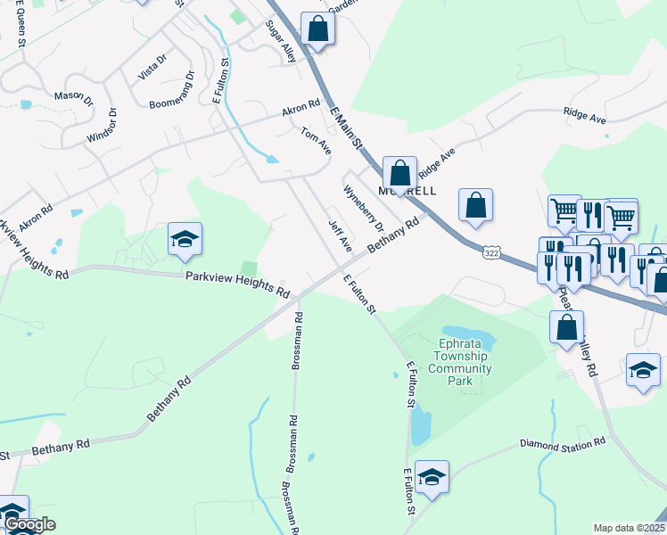 map of restaurants, bars, coffee shops, grocery stores, and more near 71 Bethany Road in Ephrata